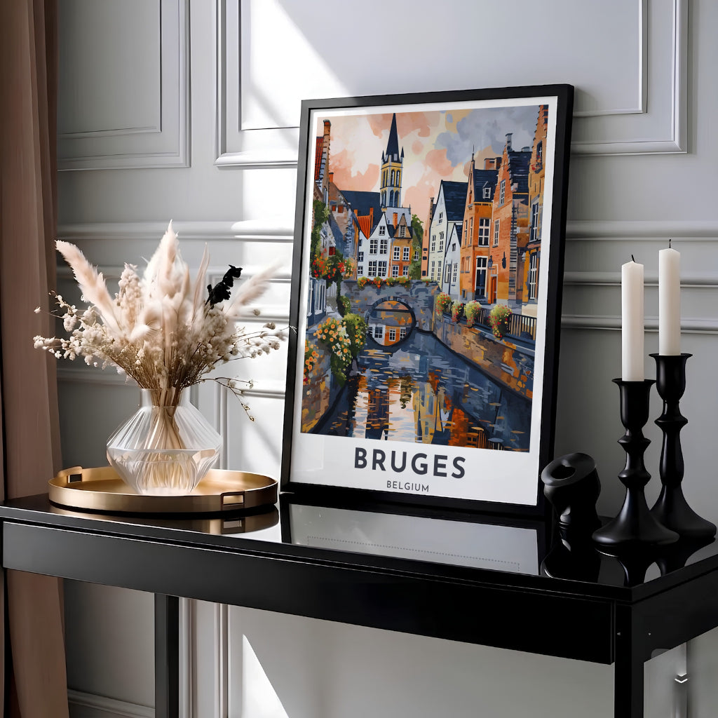 This painted city wall art showcases a peaceful canal scene in Bruges, Belgium, complete with flower-lined stone bridges and step-gabled brick townhouses. MapYourDreams provides this piece across multiple versatile formats including archival paper prints, custom framed styles, and stretched gallery canvas.