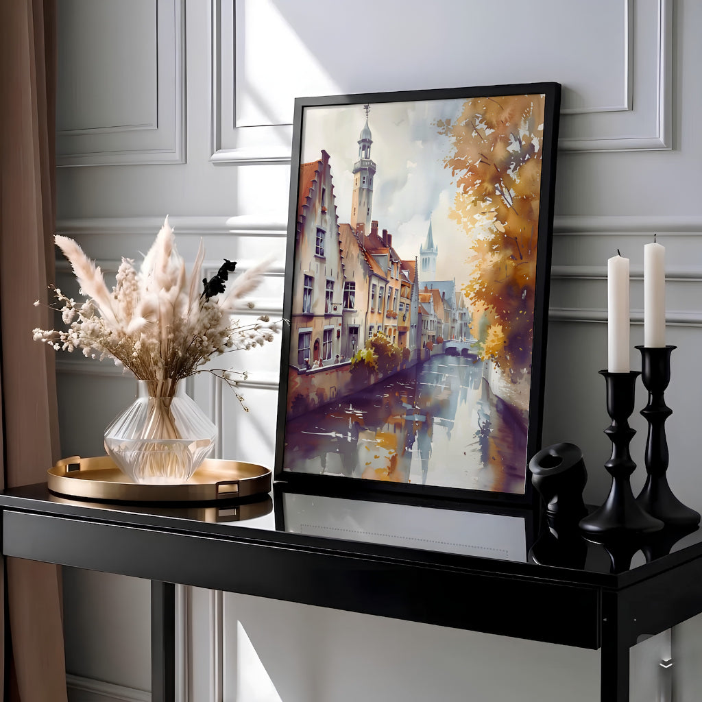 This autumn city wall art captures a serene waterway in Bruges, Belgium, rendered in soft watercolor washes of amber, terracotta, and slate blue. MapYourDreams provides this piece across multiple versatile formats including archival paper prints, custom framed styles, and stretched gallery canvas.