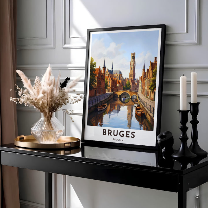 This vibrant city wall art captures a sunlit canal scene in Bruges, Belgium, complete with wooden boats, a stone arch bridge, and the soaring Belfry tower. MapYourDreams provides this piece across multiple versatile formats including archival paper prints, custom framed styles, and stretched gallery canvas.