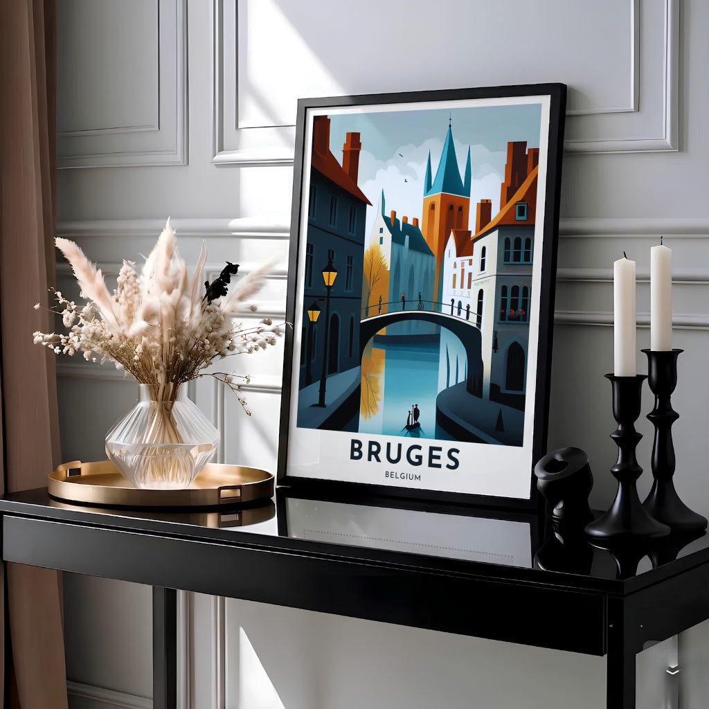 This modern city wall art showcases a stylized canal view in Bruges, Belgium, complete with vintage gas streetlamps, a stone bridge, and a distant church tower. MapYourDreams provides this piece across multiple versatile formats including archival paper prints, custom framed styles, and stretched gallery canvas.