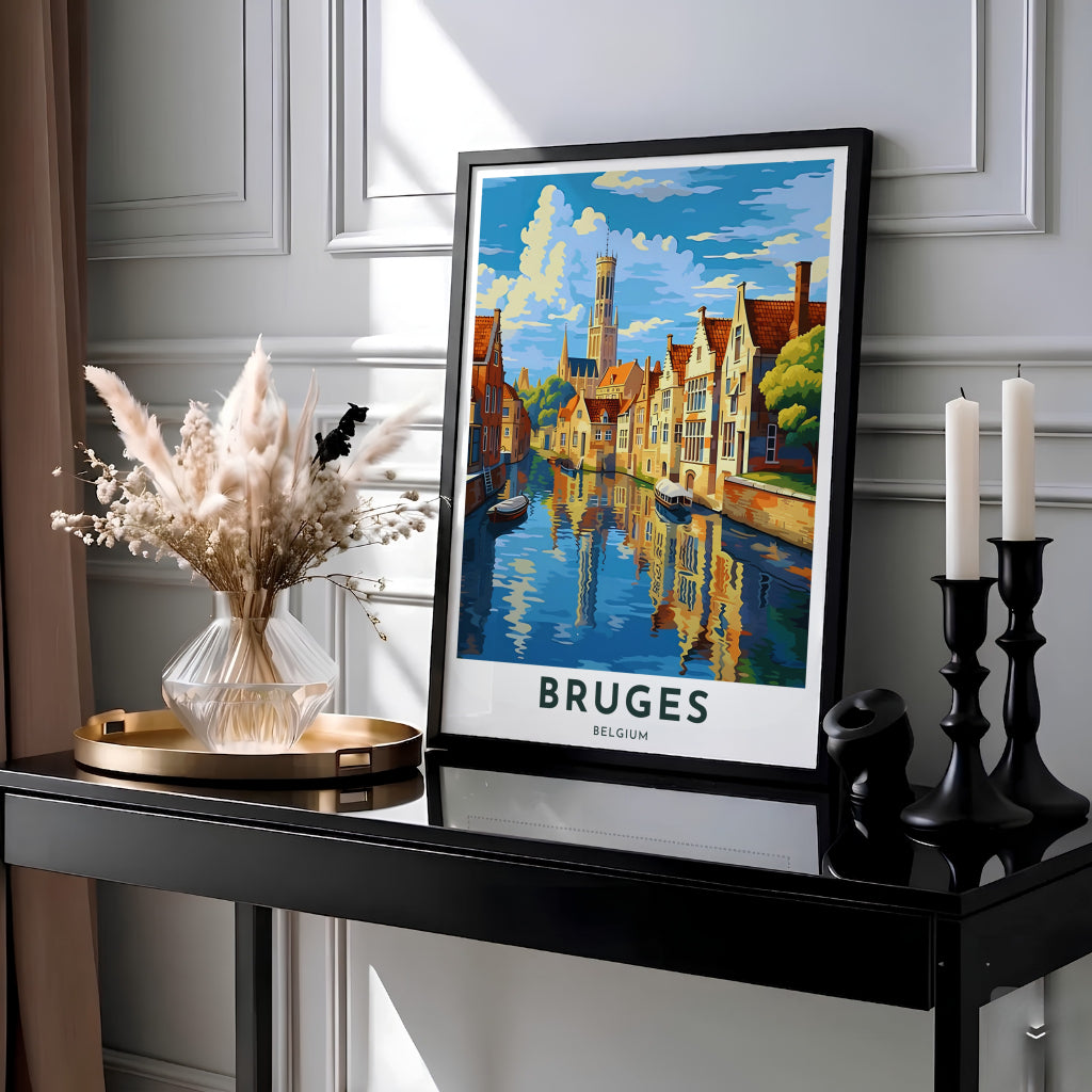This lively city wall art captures a sunlit canal scene in Bruges, Belgium, complete with shimmering water reflections, historic architecture, and the soaring Belfry tower. MapYourDreams provides this piece across multiple versatile formats including archival paper prints, custom framed styles, and stretched gallery canvas.