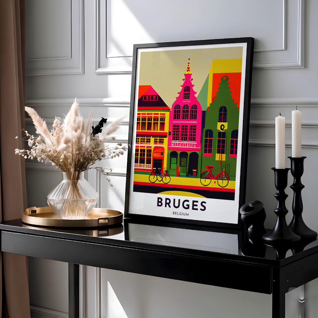 This bold modern wall art captures the iconic step-gabled townhouses of Bruges, Belgium, in an energetic graphic pop-art palette with bicycles parked in front. MapYourDreams provides this piece across multiple versatile formats including archival paper prints, custom framed styles, and stretched gallery canvas.