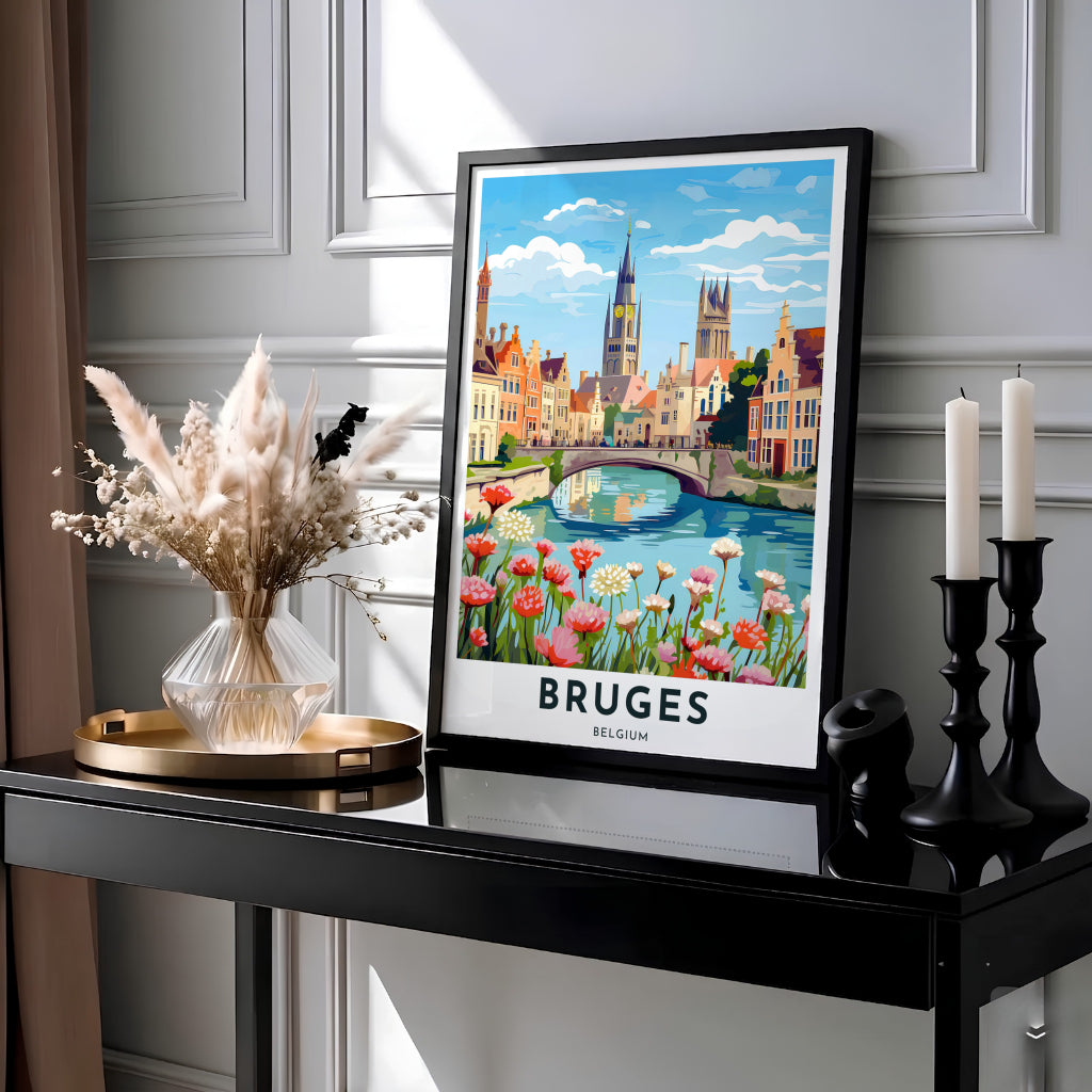 Charming European city scene capturing blooming wildflowers on the canal banks in Bruges, Belgium, with medieval architecture reflected in water. MapYourDreams provides this piece across multiple versatile formats including archival paper prints, custom framed styles, and stretched gallery canvas.