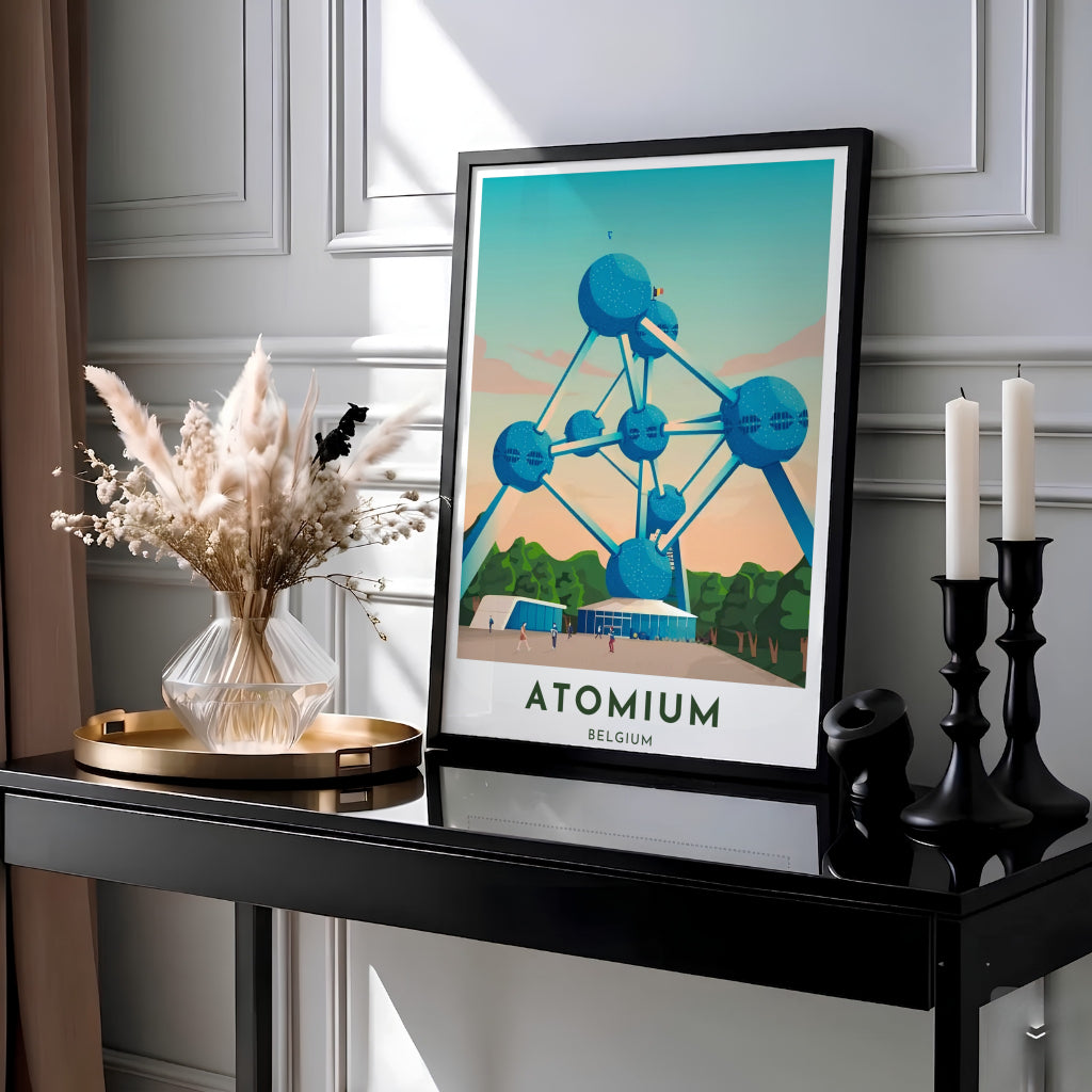 Mid-century modernist architectural decor showing the nine connected spheres of the Brussels, Belgium Atomium landmark rendered in high-impact teal vector lines. MapYourDreams provides this piece across multiple versatile formats including archival paper prints, custom framed styles, and stretched gallery canvas.