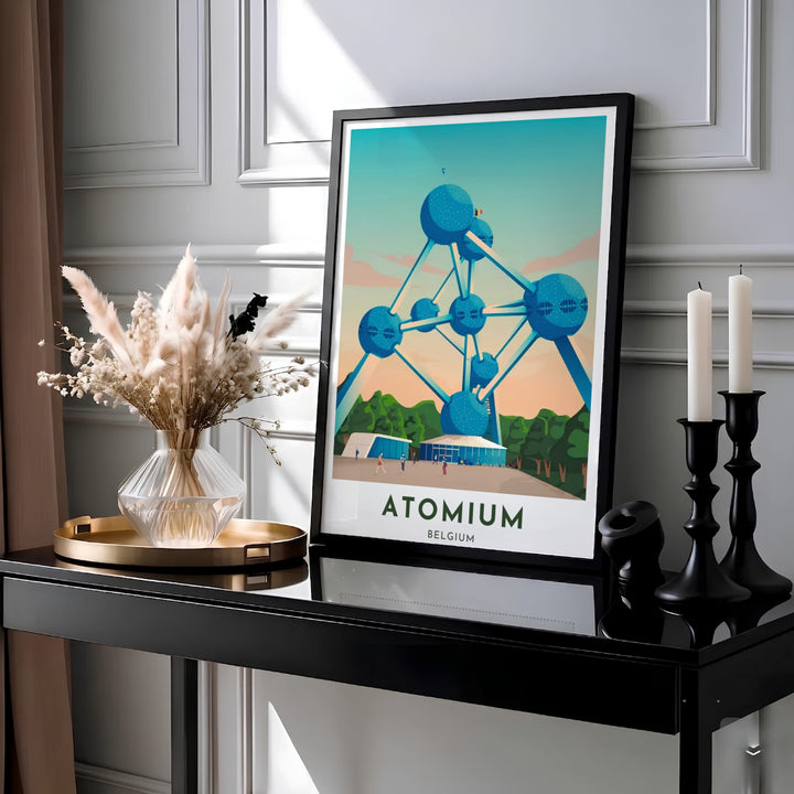 Mid-century modernist architectural decor showing the nine connected spheres of the Brussels, Belgium Atomium landmark rendered in high-impact teal vector lines. MapYourDreams provides this piece across multiple versatile formats including archival paper prints, custom framed styles, and stretched gallery canvas.