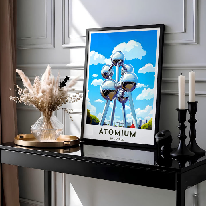 Mid-century modernist city decor displaying the nine interconnected silver spheres of the Atomium landmark in Brussels, Belgium. MapYourDreams provides this piece across multiple versatile formats including archival paper prints, custom framed styles, and stretched gallery canvas.