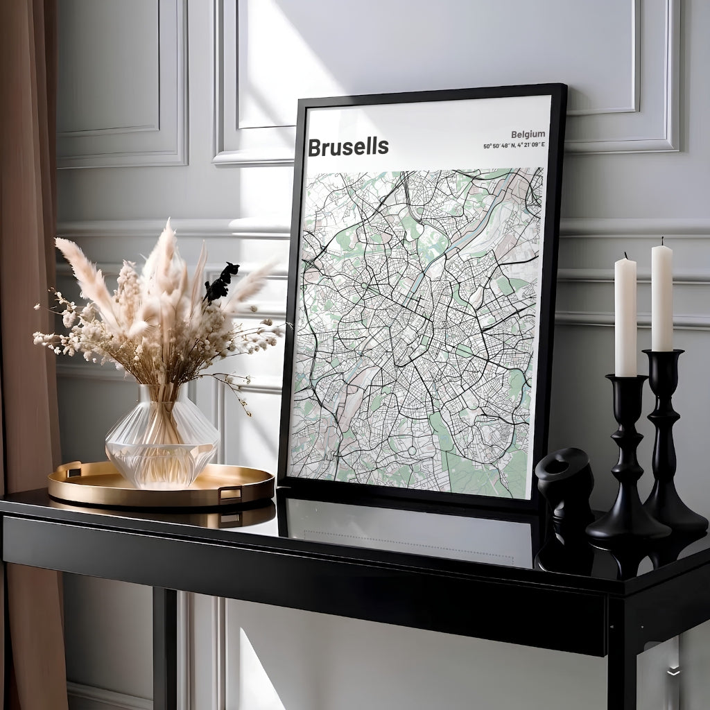 Minimalist city map decor presenting the roads, waterways, and green spaces of Brussels, Belgium, against a clean white backdrop. MapYourDreams provides this piece across multiple versatile formats including archival paper prints, custom framed styles, and stretched gallery canvas.