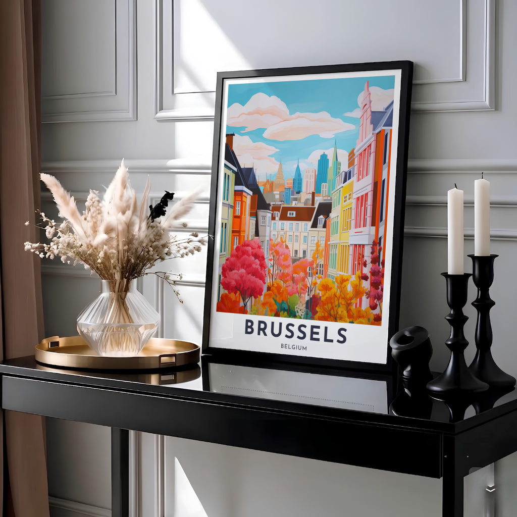 Modern vector illustration of Brussels, Belgium, showing historic stepped-gable buildings surrounded by bright autumnal trees and distant skyline towers. MapYourDreams provides this piece across multiple versatile formats including archival paper prints, custom framed styles, and stretched gallery canvas.