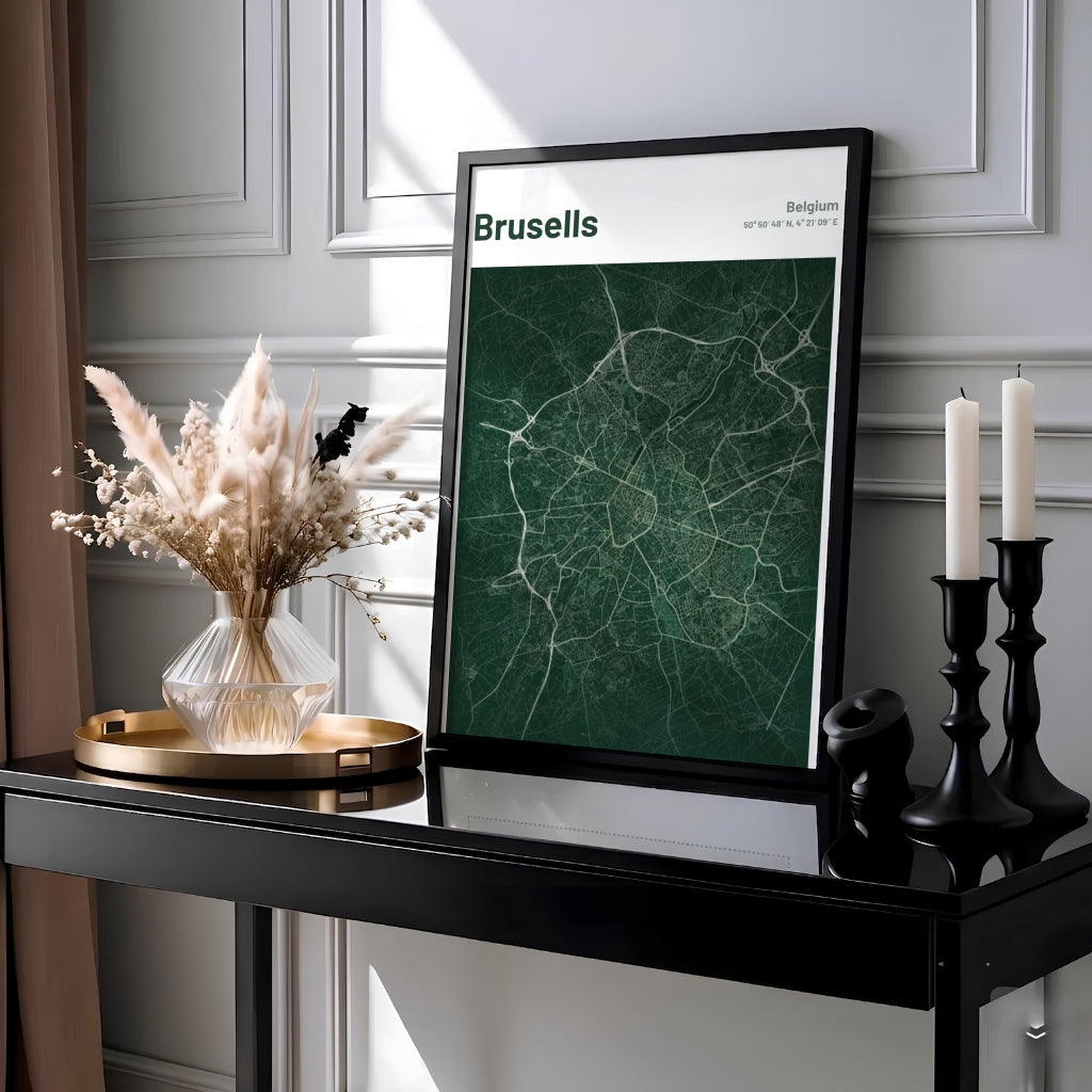 Minimalist city map decor presenting the sprawling roadways and avenues of Brussels, Belgium, against a dark forest green background. MapYourDreams provides this piece across multiple versatile formats including archival paper prints, custom framed styles, and stretched gallery canvas.