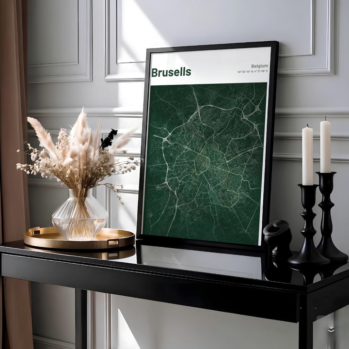Minimalist city map decor presenting the sprawling roadways and avenues of Brussels, Belgium, against a dark forest green background. MapYourDreams provides this piece across multiple versatile formats including archival paper prints, custom framed styles, and stretched gallery canvas.