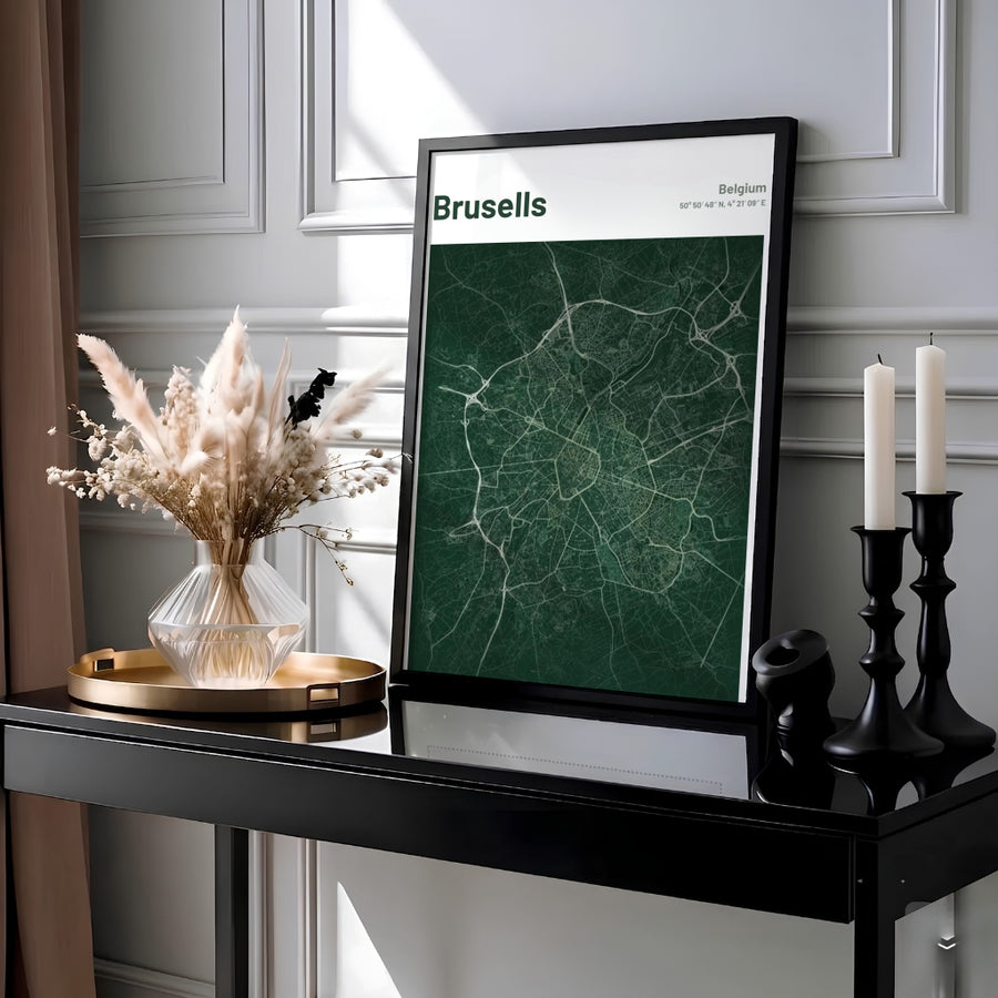 Minimalist city map decor presenting the sprawling roadways and avenues of Brussels, Belgium, against a dark forest green background. MapYourDreams provides this piece across multiple versatile formats including archival paper prints, custom framed styles, and stretched gallery canvas.