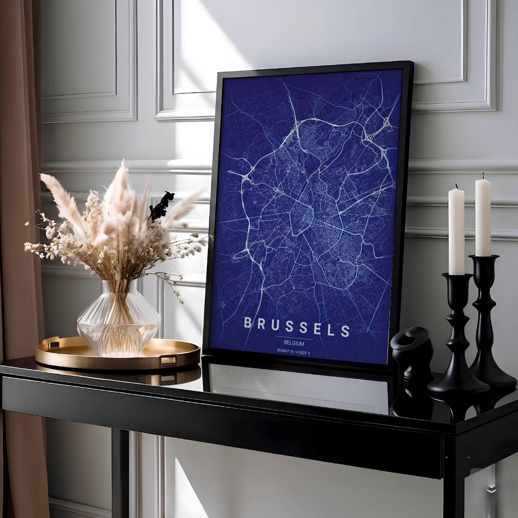 Minimalist city map decor presenting the sprawling roadways and radial avenues of Brussels, Belgium, against a deep blue background. MapYourDreams provides this piece across multiple versatile formats including archival paper prints, custom framed styles, and stretched gallery canvas.