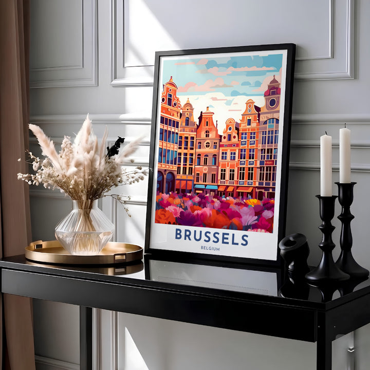 Colorful city square decor showcasing the Grand Place guild houses in Brussels, Belgium, rendered in vivid vector pop art style. MapYourDreams provides this piece across multiple versatile formats including archival paper prints, custom framed styles, and stretched gallery canvas.