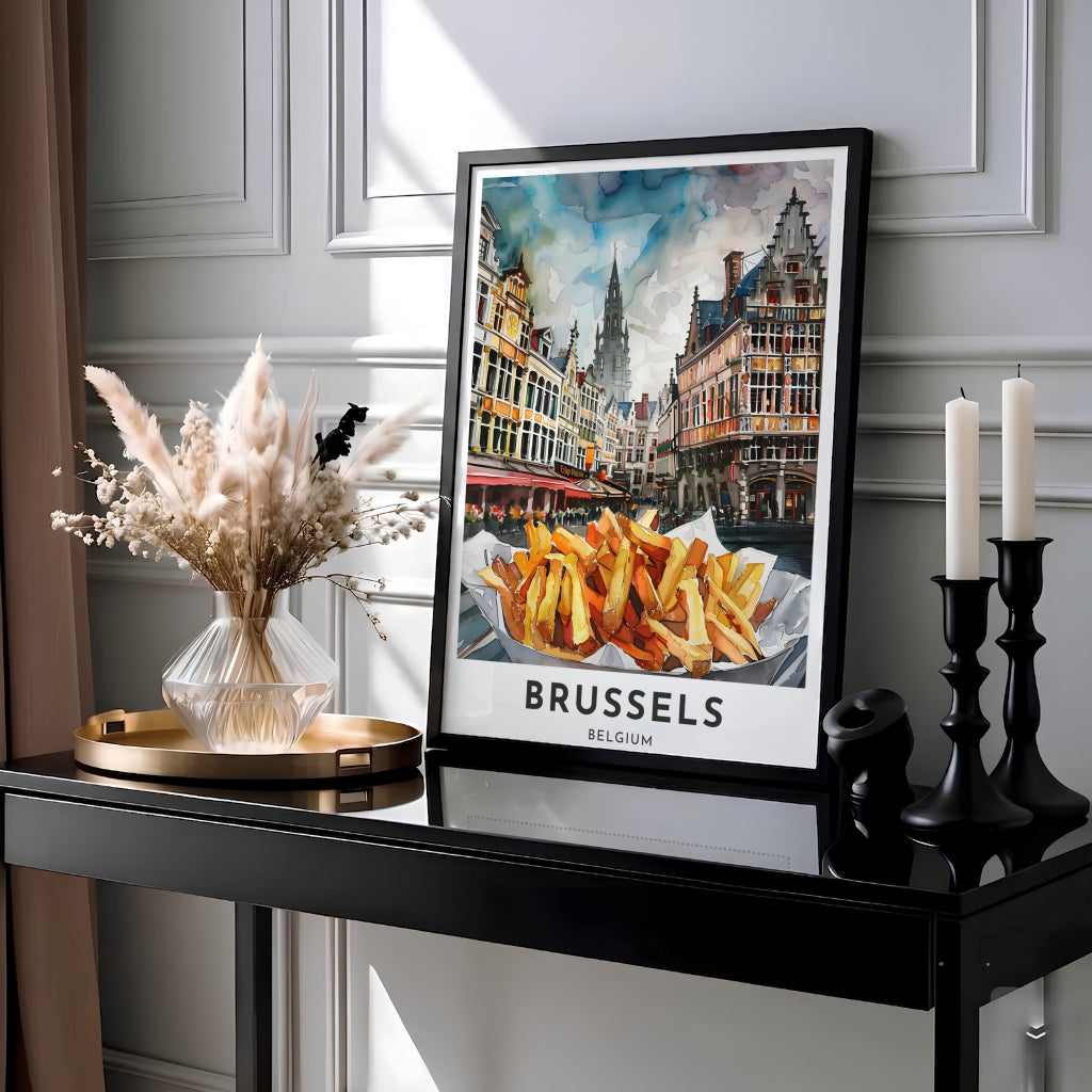 Expressive foodie wall art showcasing golden Belgian fries in front of the ornate Grote Markt square in Brussels, Belgium. MapYourDreams provides this piece across multiple versatile formats including archival paper prints, custom framed styles, and stretched gallery canvas.
