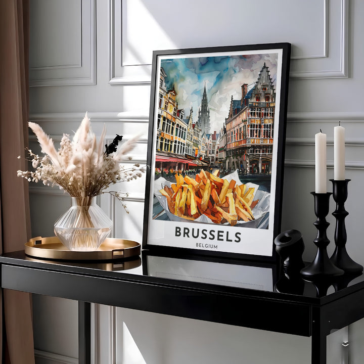 Expressive foodie wall art showcasing golden Belgian fries in front of the ornate Grote Markt square in Brussels, Belgium. MapYourDreams provides this piece across multiple versatile formats including archival paper prints, custom framed styles, and stretched gallery canvas.