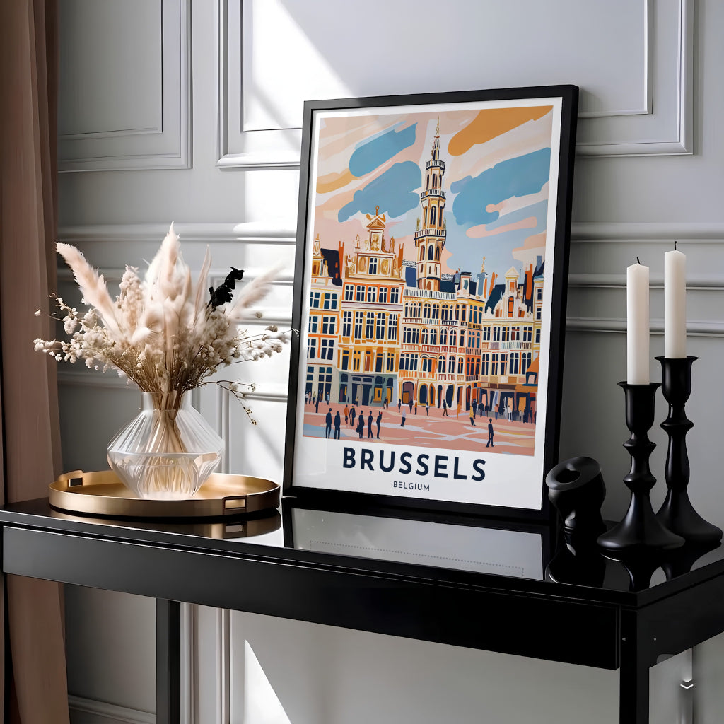 Pastel city square decor showcasing the Grand Place guild houses in Brussels, Belgium, in a clean graphic pop art style. MapYourDreams provides this piece across multiple versatile formats including archival paper prints, custom framed styles, and stretched gallery canvas.