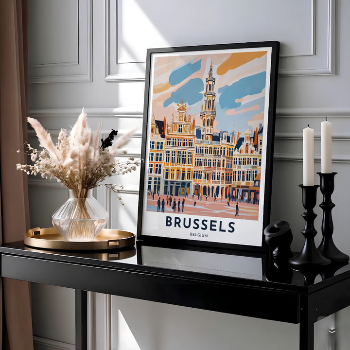 Pastel city square decor showcasing the Grand Place guild houses in Brussels, Belgium, in a clean graphic pop art style. MapYourDreams provides this piece across multiple versatile formats including archival paper prints, custom framed styles, and stretched gallery canvas.