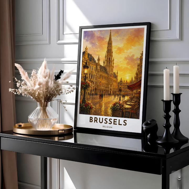 Luminous golden sunset artwork showing the magnificent Gothic Town Hall and guild houses of Brussels Grand Place in Belgium. MapYourDreams provides this piece across multiple versatile formats including archival paper prints, custom framed styles, and stretched gallery canvas.