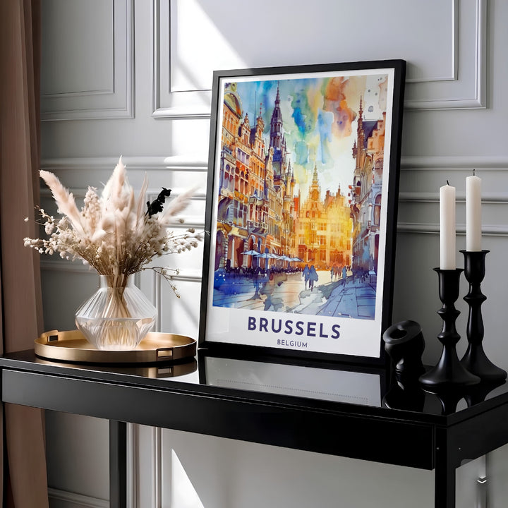 Artistic cityscape artwork showcasing pedestrian silhouettes strolling past café umbrellas at Brussels Grand Place in Belgium. MapYourDreams provides this piece across multiple versatile formats including archival paper prints, custom framed styles, and stretched gallery canvas.