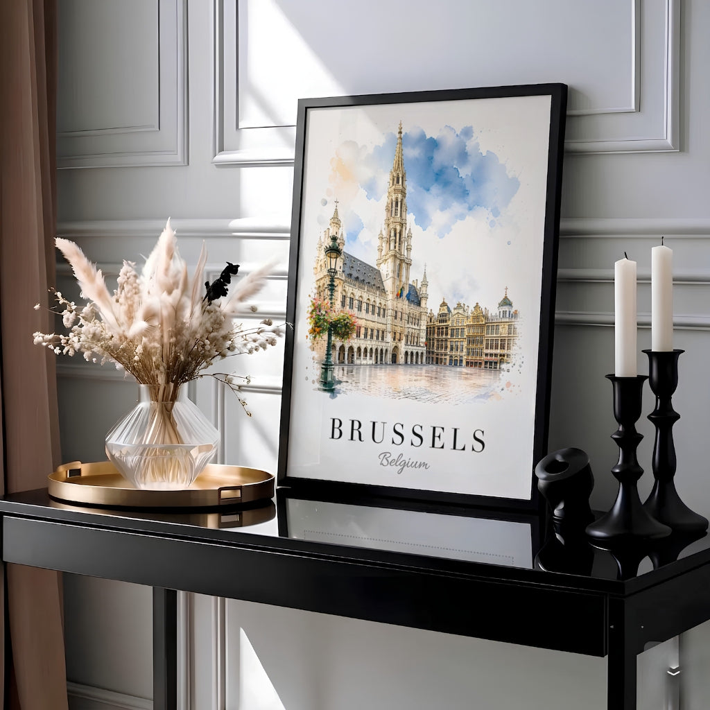 Minimalist European city art showcasing a detailed watercolor sketch of Brussels Grand Place in Belgium with a historic street lamp foreground. MapYourDreams provides this piece across multiple versatile formats including archival paper prints, custom framed styles, and stretched gallery canvas.