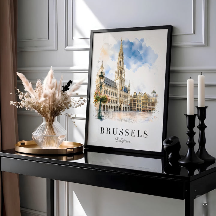 Minimalist European city art showcasing a detailed watercolor sketch of Brussels Grand Place in Belgium with a historic street lamp foreground. MapYourDreams provides this piece across multiple versatile formats including archival paper prints, custom framed styles, and stretched gallery canvas.