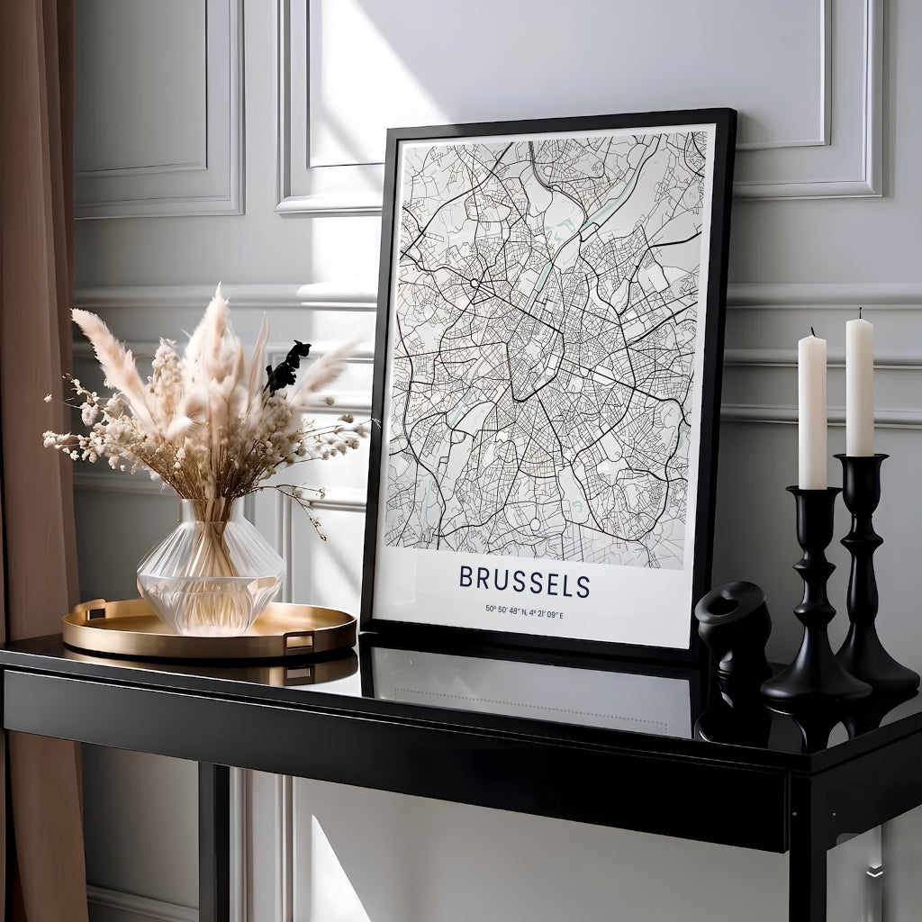 Minimalist black and white city map print featuring the pentagonal central ring and suburban roads of Brussels in Belgium. MapYourDreams provides this piece across multiple versatile formats including archival paper prints, custom framed styles, and stretched gallery canvas.