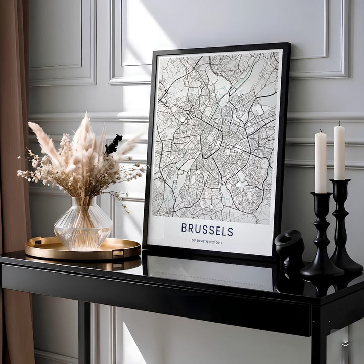 Minimalist black and white city map print featuring the pentagonal central ring and suburban roads of Brussels in Belgium. MapYourDreams provides this piece across multiple versatile formats including archival paper prints, custom framed styles, and stretched gallery canvas.