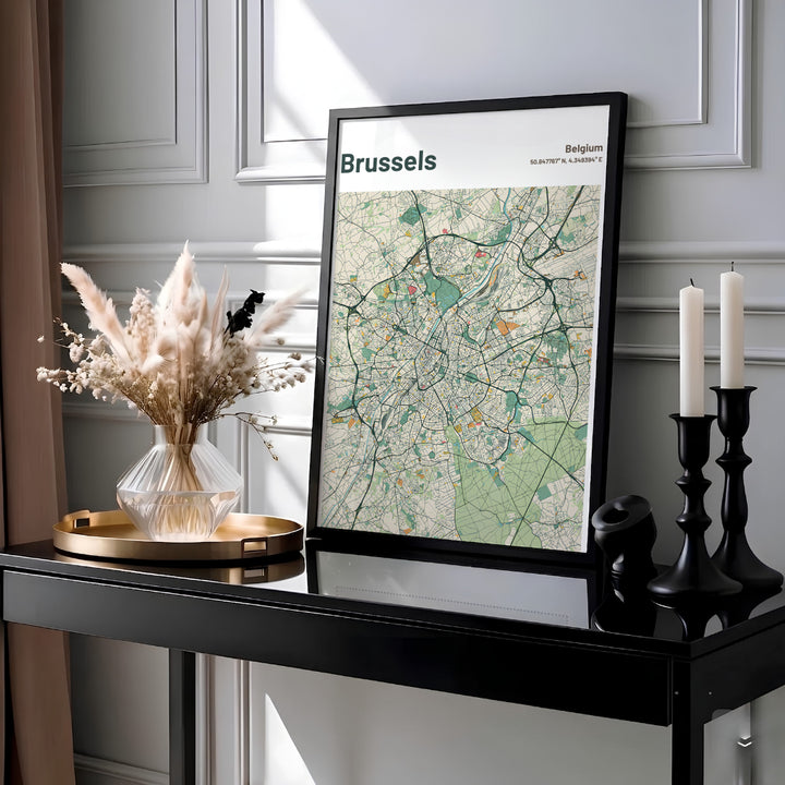 Minimalist city map print showcasing the intricate street grid and transit corridors of Brussels in Belgium. MapYourDreams provides this piece across multiple versatile formats including archival paper prints, custom framed styles, and stretched gallery canvas.