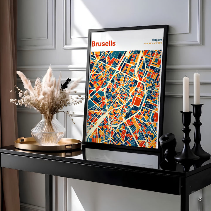 Eye-catching modern city map print displaying the geometric block layout and street grid of Brussels in Belgium. MapYourDreams provides this piece across multiple versatile formats including archival paper prints, custom framed styles, and stretched gallery canvas.