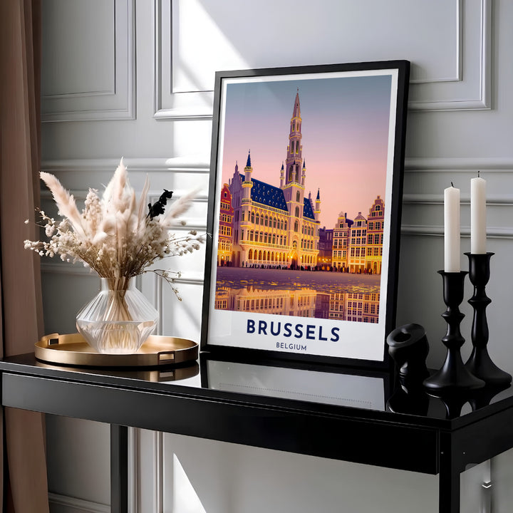 Colorful sunset cityscape art print featuring pink skies and water reflections of the Grand Place in Brussels, Belgium. MapYourDreams provides this piece across multiple versatile formats including archival paper prints, custom framed styles, and stretched gallery canvas.