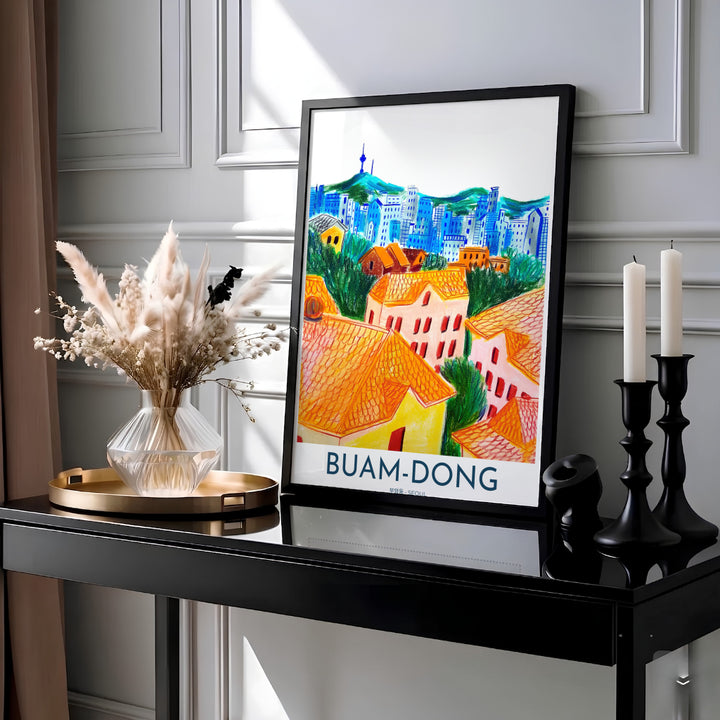 Vibrant artistic travel poster featuring Buam-dong, Seoul, with textured strokes depicting tiled rooftops, city high-rises, and N Seoul Tower set against a crisp white backdrop. Offered by MapYourDreams, this artwork is available in flexible options including unframed paper, custom wooden frames, and gallery canvas wraps.
