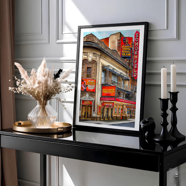 Vibrant Broadway musical theatre print featuring red marquee lighting and show billboards at the Gerald Schoenfeld Theatre in New York City, provided by MapYourDreams with choices spanning unframed art prints, stretched canvas decor, and custom frame choices in black, white, and natural wood.