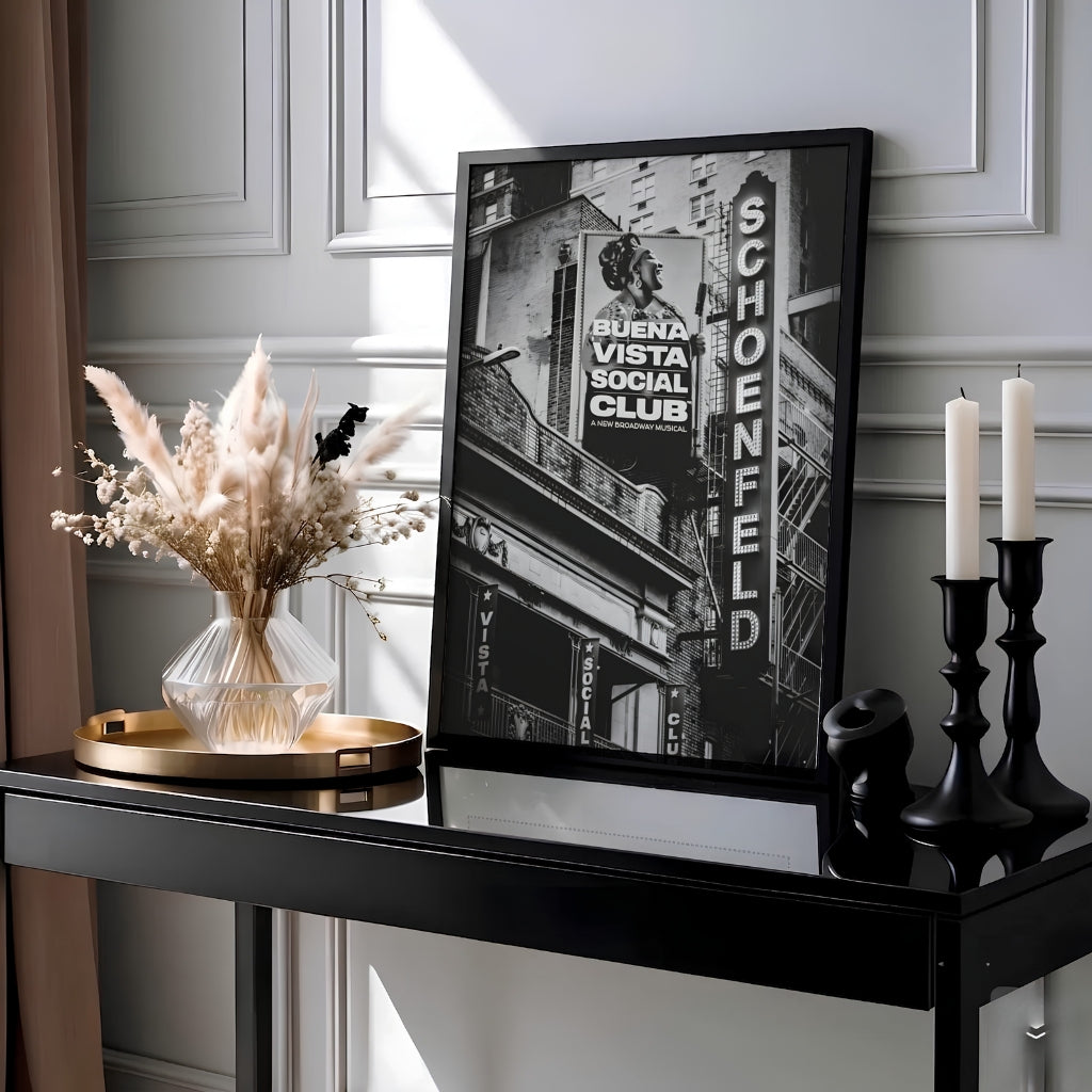 Monochromatic NYC Broadway landmark poster depicting low-angle views of the brickwork, fire escape, and glowing marquee at the Gerald Schoenfeld Theatre on West 45th Street, created by MapYourDreams with choices available for an unframed paper print, a gallery canvas, or custom framed wall art.