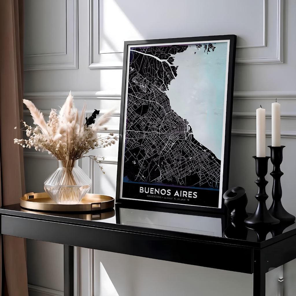 Contemporary Buenos Aires map print showcasing dense street networks and coastal geography in stark black, white, and icy blue tones. Presented by MapYourDreams, this piece comes in flexible choices such as unframed paper stock, handcrafted frames, and gallery wrapped canvas.