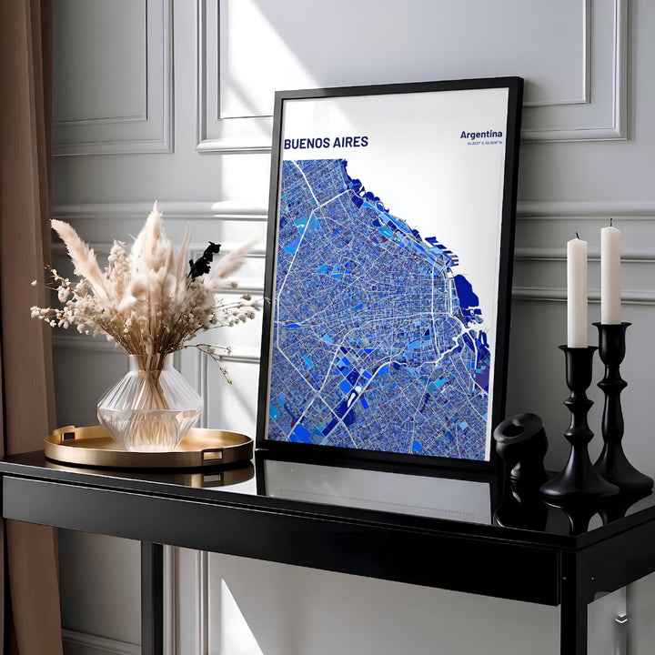 Cobalt blue Buenos Aires map print showcasing detailed street grids and coastal geography in shades of sapphire, navy, and sky blue. Presented by MapYourDreams, this piece comes in flexible choices such as unframed paper stock, handcrafted frames, and gallery wrapped canvas.
