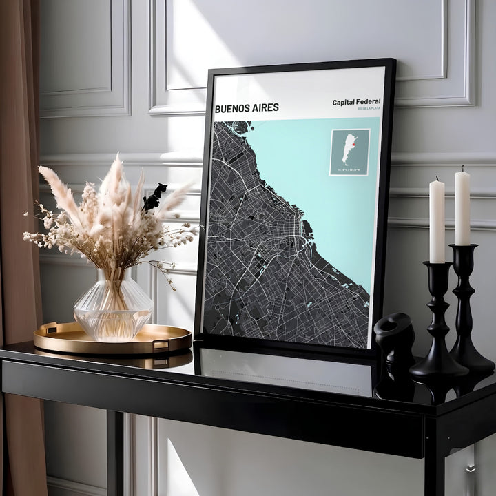 Contemporary Buenos Aires map print showcasing dense street networks and coastal geography in charcoal, white, and soft mint green tones. Presented by MapYourDreams, this piece comes in flexible choices such as unframed paper stock, handcrafted frames, and gallery wrapped canvas.