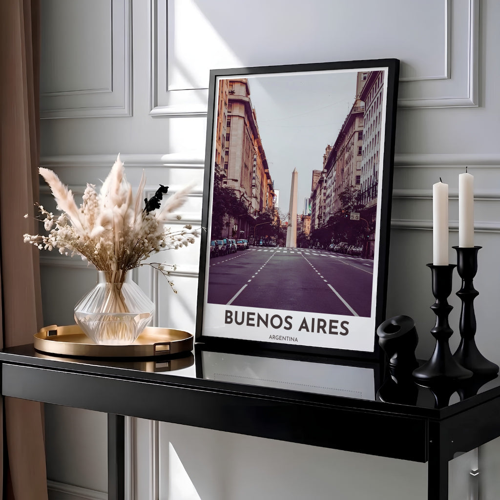 Warm vintage avenue travel poster capturing the towering Obelisco de Buenos Aires framed by grand art deco buildings and parked cars. Presented by MapYourDreams, this piece comes in flexible choices such as unframed paper stock, custom frames, and gallery canvas wraps.