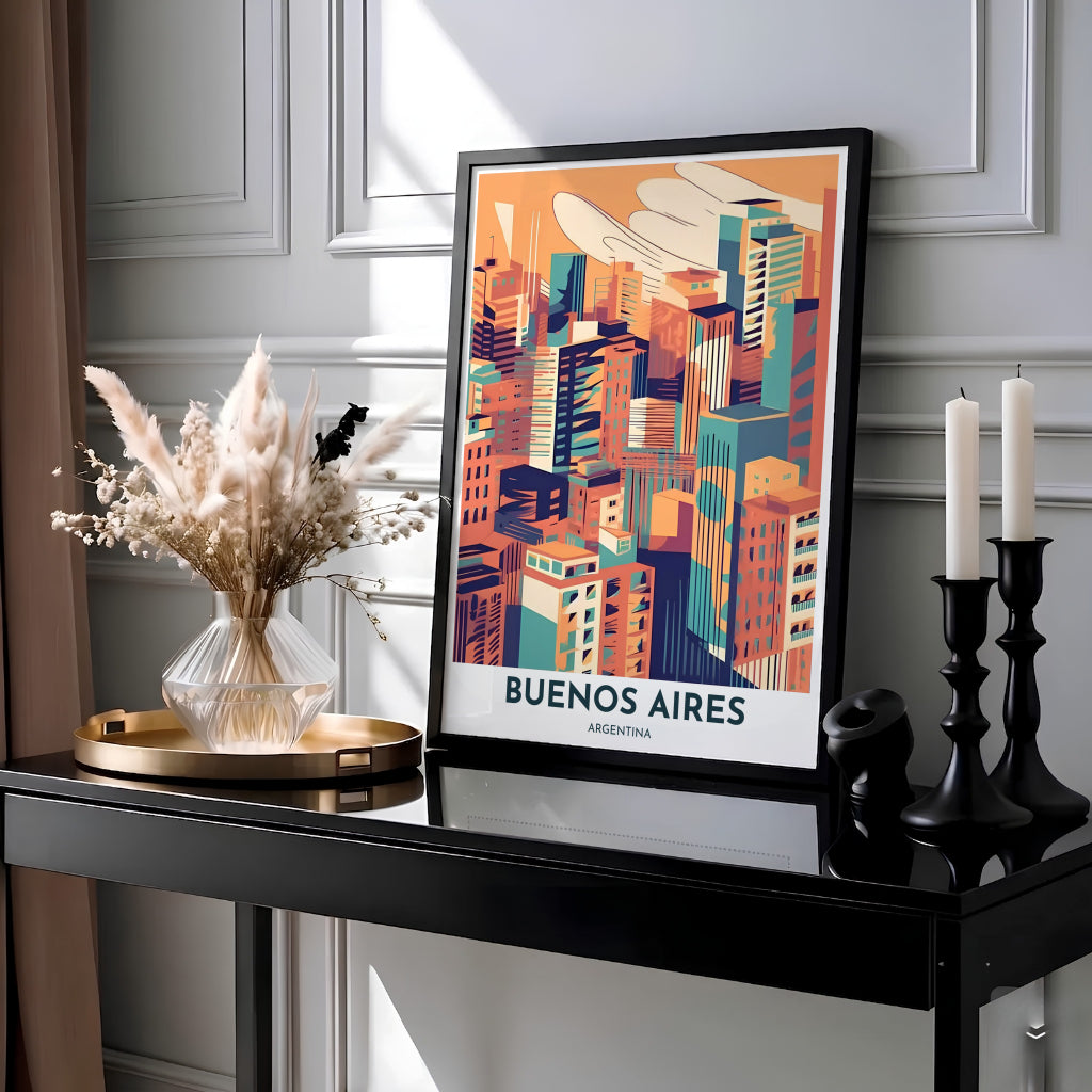 Abstract block illustration of the Buenos Aires city skyline with warm terracotta orange and teal geometric buildings. Produced by MapYourDreams, you can order this design on fine art paper, mounted in protective frames, or as a canvas display.