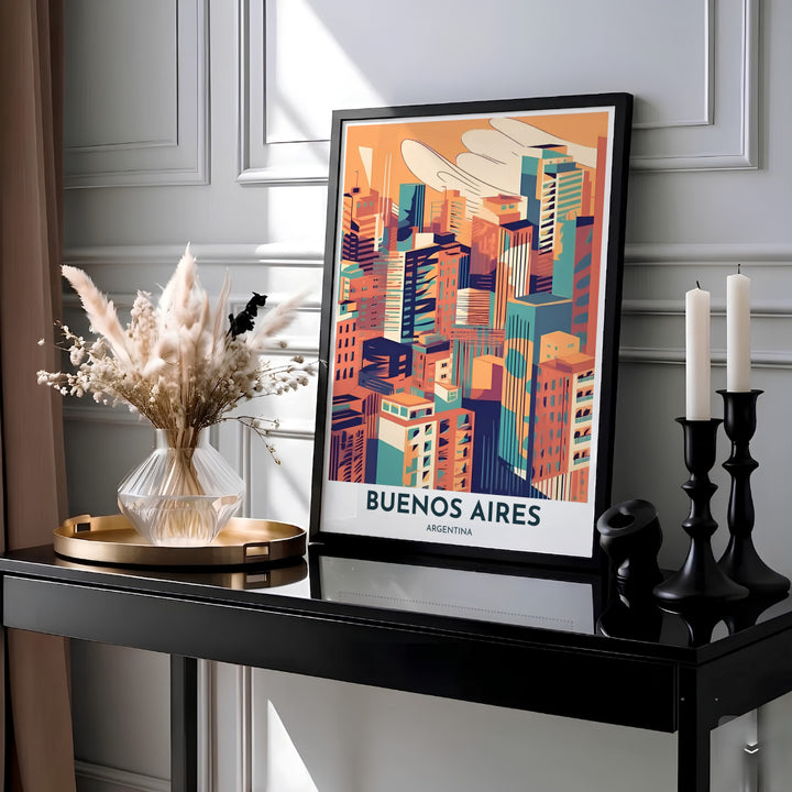 Abstract block illustration of the Buenos Aires city skyline with warm terracotta orange and teal geometric buildings. Produced by MapYourDreams, you can order this design on fine art paper, mounted in protective frames, or as a canvas display.