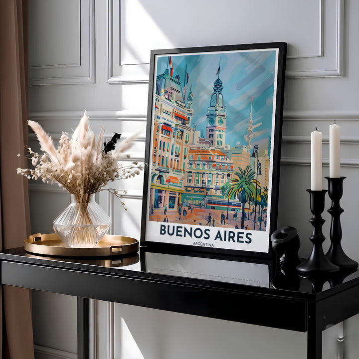 European style travel poster of Buenos Aires featuring ornate building facades, clock towers, and orange shop awnings. Presented by MapYourDreams, this piece comes in flexible choices such as unframed paper stock, custom frames, and gallery canvas wraps.