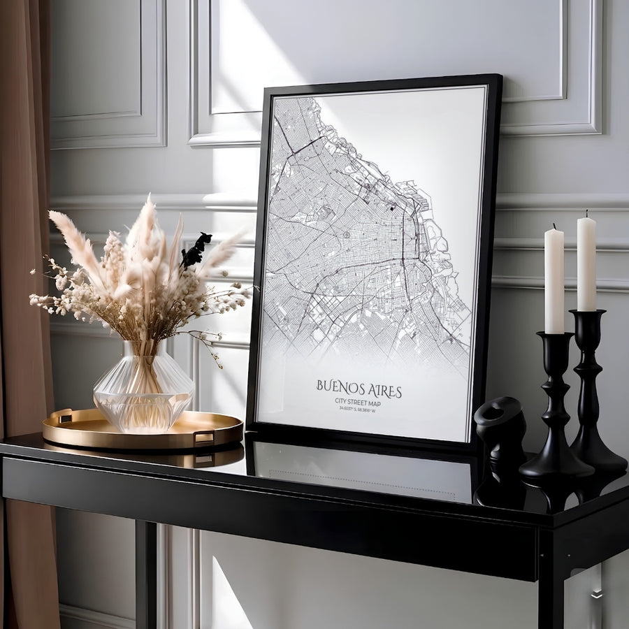 Modern cartography print featuring the road layout and geographic coordinates of central Buenos Aires in crisp monochrome. Presented by MapYourDreams, this piece comes in flexible choices such as unframed paper stock, custom frames, and gallery canvas wraps.