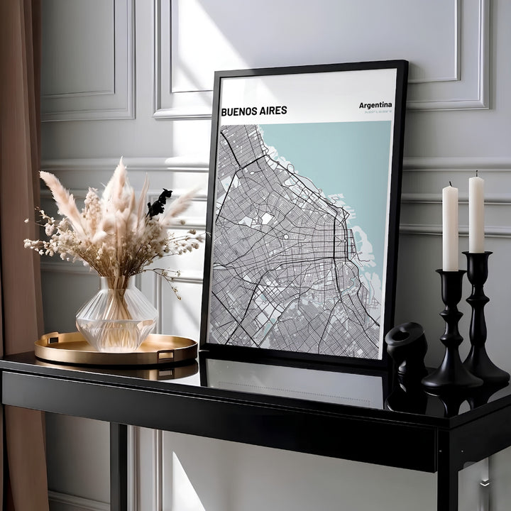 Modern cartography print featuring the road layout and geographic coordinates of Buenos Aires under a clean white header. Presented by MapYourDreams, this piece comes in flexible choices such as unframed paper stock, custom frames, and gallery canvas wraps.