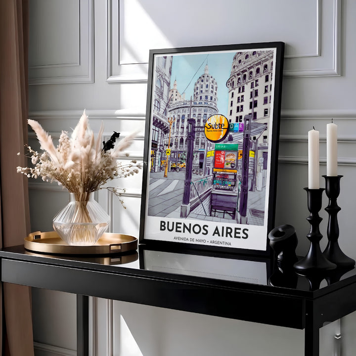 Travel poster print of Avenida de Mayo in Buenos Aires showcasing the Cathedral Subte metro portal and historic city architecture. Presented by MapYourDreams, this piece comes in flexible choices such as unframed paper stock, custom frames, and gallery canvas wraps.