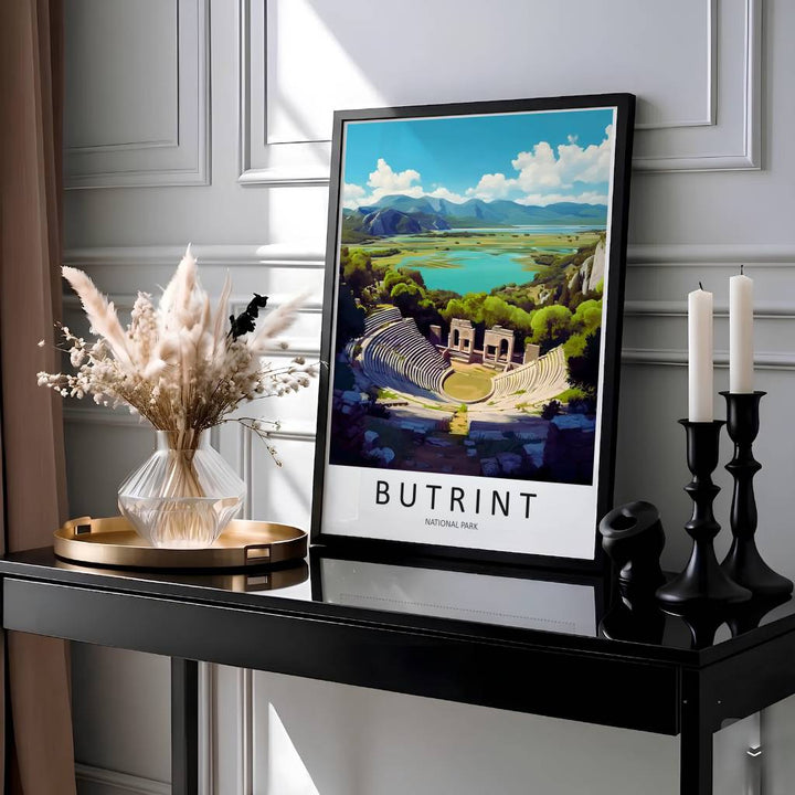 This vibrant green and blue travel print showcases the UNESCO site of Butrint with its ancient stone theater tiers for an inviting home focal point. Offered by MapYourDreams, this artwork is available in flexible options including unframed paper, custom wooden frames, and gallery canvas wraps.
