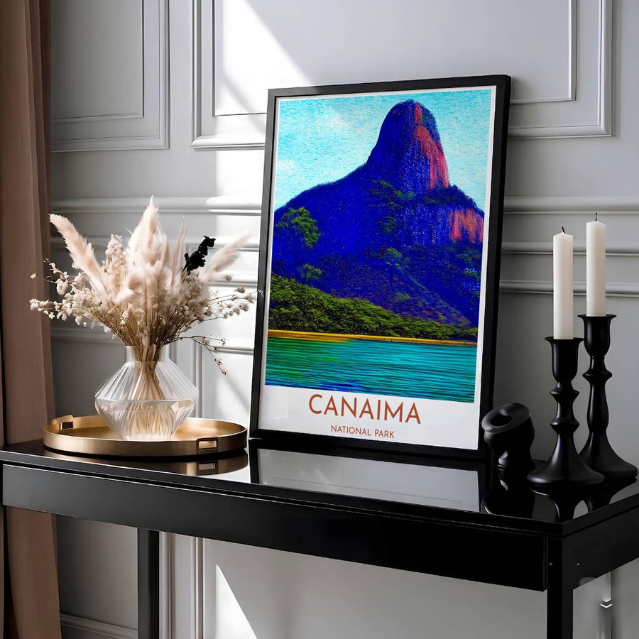 Expressive travel poster of Canaima National Park showcasing swirling cyan skies, electric blue mountain shadows, and teal water. Presented by MapYourDreams, this piece comes in flexible choices such as unframed paper stock, custom frames, and gallery canvas wraps.
