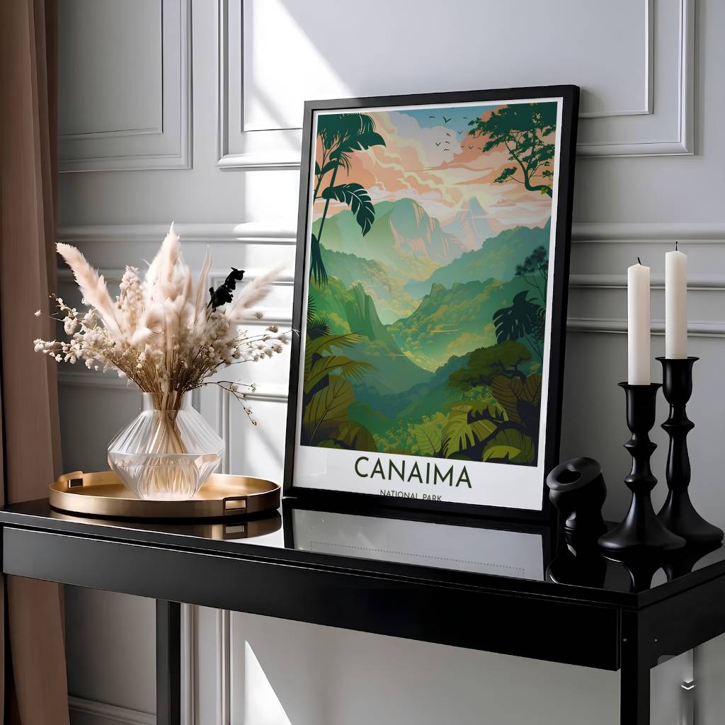 Scenic biophilic nature art print illustrating an expansive tepui valley and tropical botanical framing in South America. Produced by MapYourDreams, you can order this design on fine art paper, mounted in protective frames, or as a canvas display.