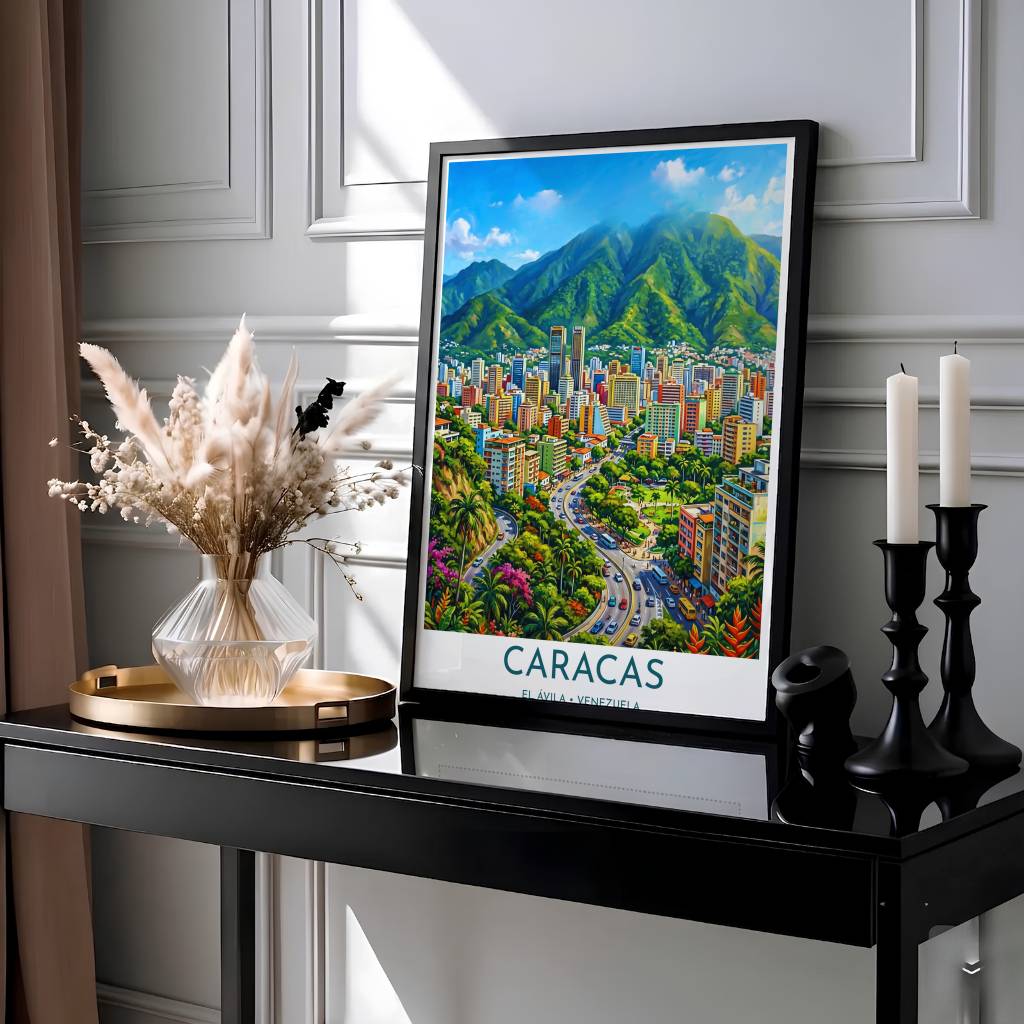 Illustrative travel poster of Caracas showcasing emerald mountain ridges, warm ochre architectural towers, and tropical palm gardens. Presented by MapYourDreams, this piece comes in flexible choices such as unframed paper stock, custom frames, and gallery canvas wraps.