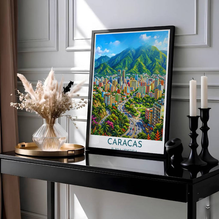 Illustrative travel poster of Caracas showcasing emerald mountain ridges, warm ochre architectural towers, and tropical palm gardens. Presented by MapYourDreams, this piece comes in flexible choices such as unframed paper stock, custom frames, and gallery canvas wraps.