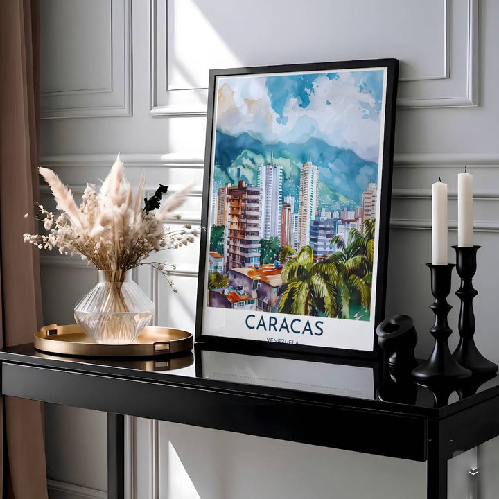 Fluid watercolor travel poster of El Ávila National Park in Caracas showcasing translucent teal washes, terracotta rooftops, and palm trees. Presented by MapYourDreams, this piece comes in flexible choices such as unframed paper stock, custom frames, and gallery canvas wraps.