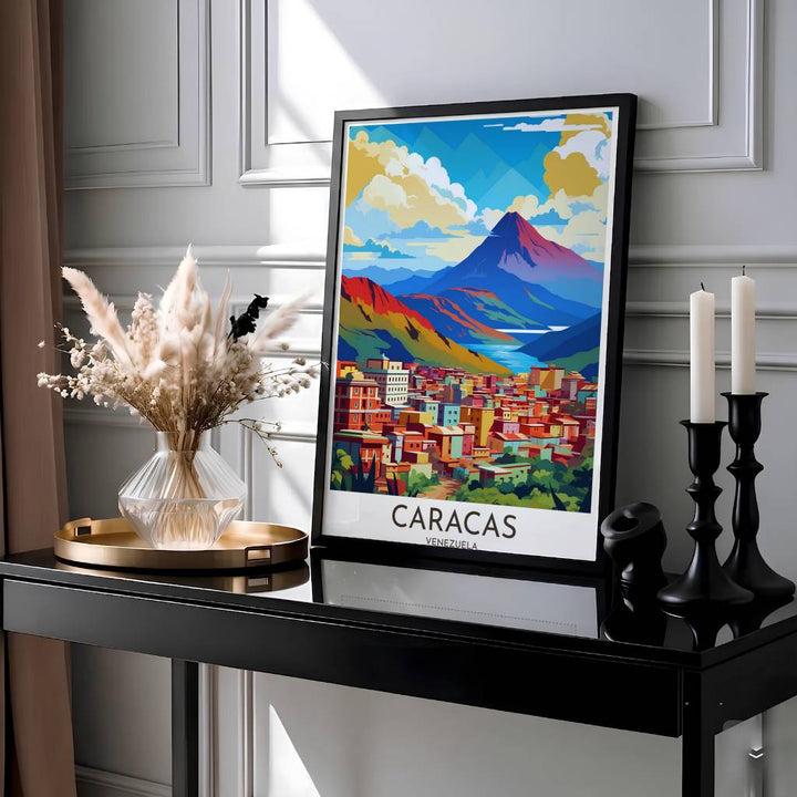 Mid-century vector travel poster of Mount El Ávila showcasing faceted mountain slopes, vibrant clouds, and a winding valley river. Presented by MapYourDreams, this piece comes in flexible choices such as unframed paper stock, custom frames, and gallery canvas wraps.